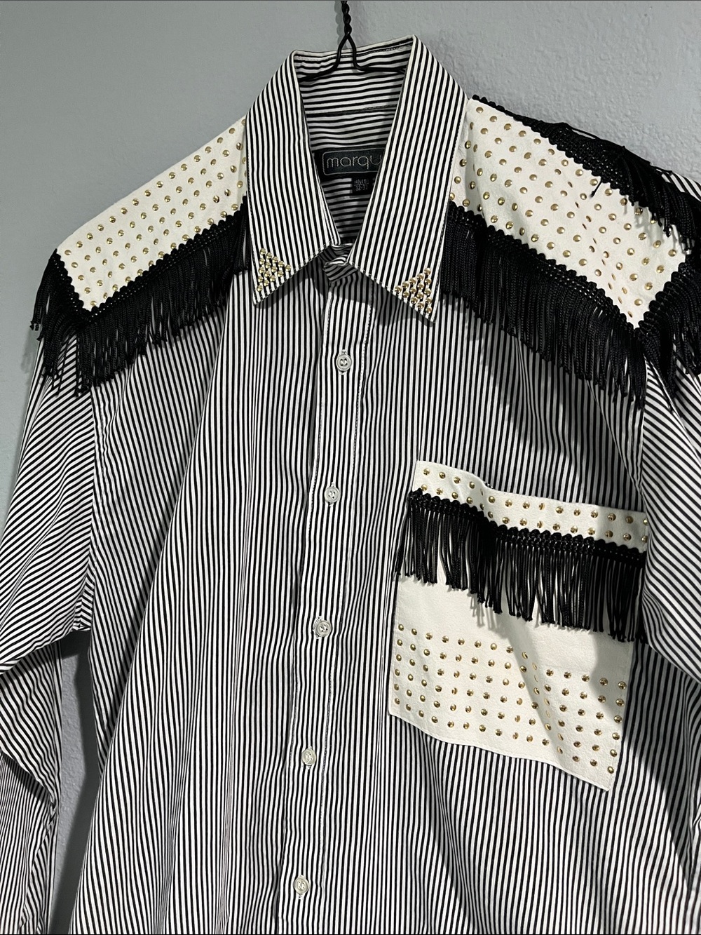 Marquis Black & White Striped Fringe Stud Western Shirt 14.5" neck